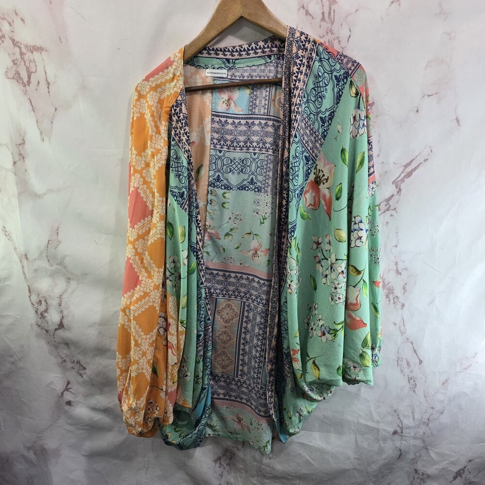Anthropologie Kimono Womens Green Orange Topper Wrap Cardigan Rayon One Size